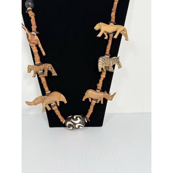 Hand Carved Wooden Necklace Beads Safari Animals Tribal 31" Zebra Elephant More - Picture 4 of 11